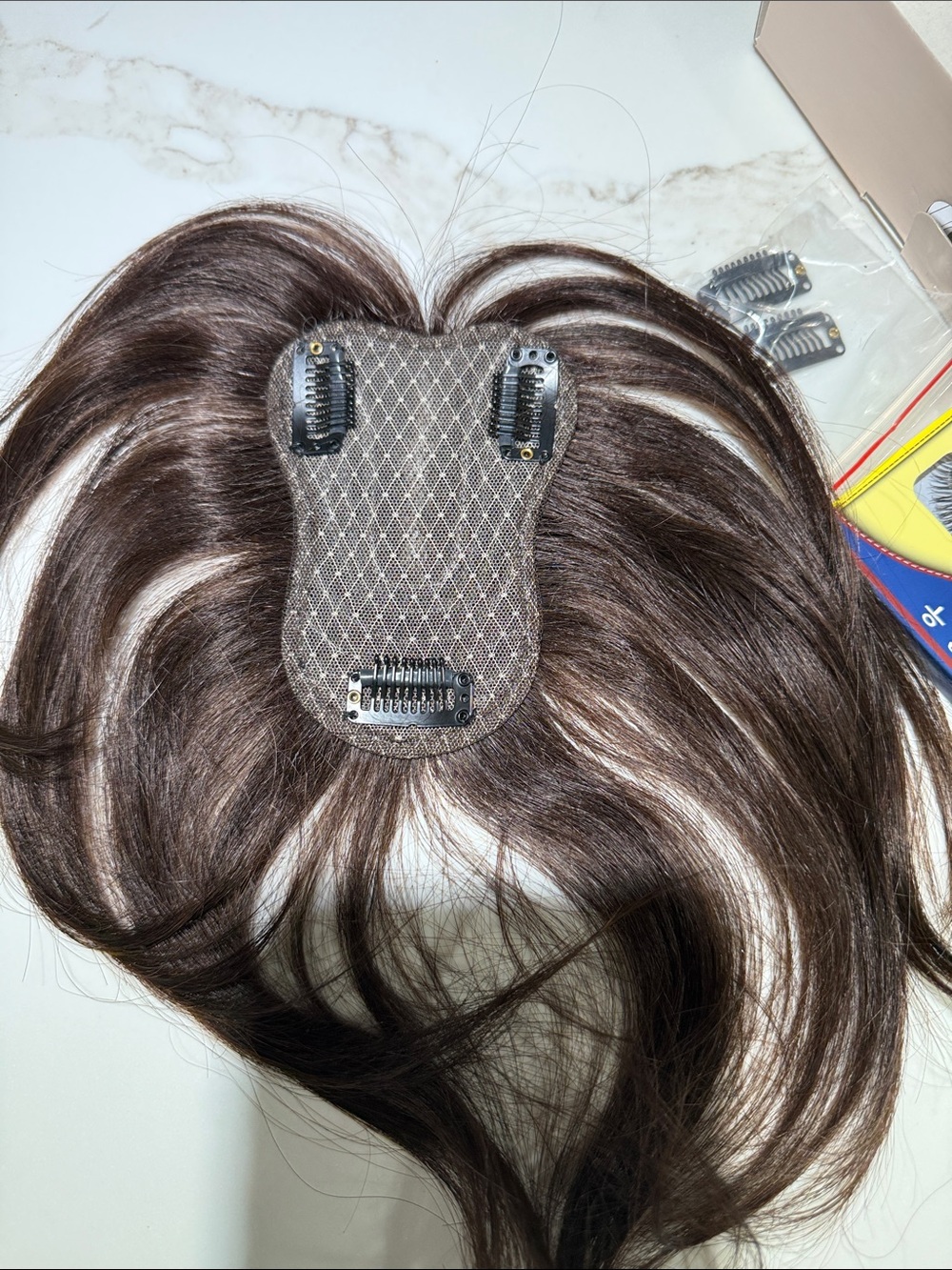 💯% 10” HUMAN HAIR Topper with Eyelashes and Wear/Care Instructions in Dark Brown - Picture 9 of 11
